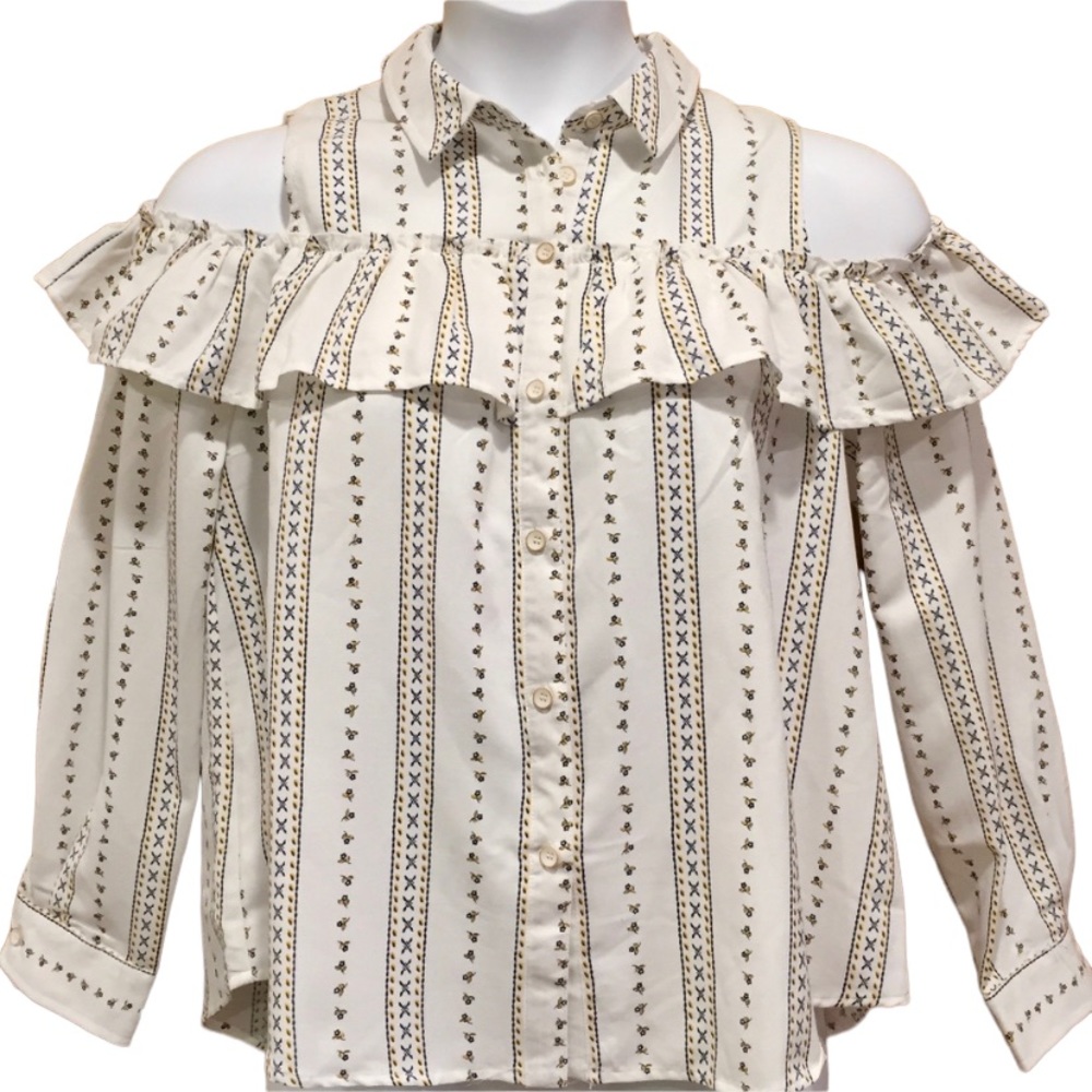 Blu Pepper Collared Floral Stripe Button Down Ruffled Cold Shoulder Medium Top